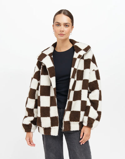 Brunette the label checkerboard sherpa jacket chocolate brown 3