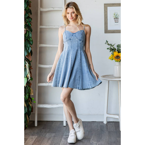 SLEEVELESS SKATER DENIM DRESS